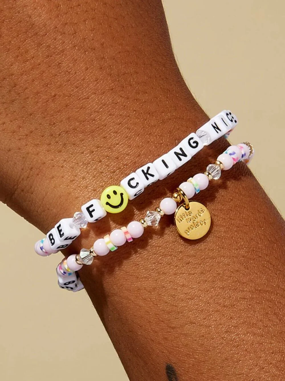Little Words Project Be F*cking Nice Bracelet Pink Beaded Stretch Retired Color